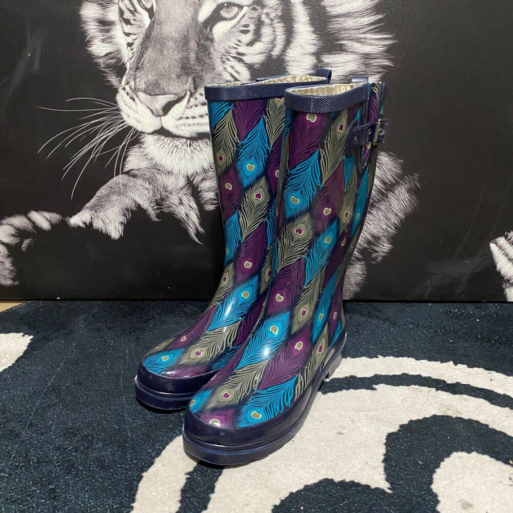 Chooka Peacock Wave Rain Boot Women's 9 Blue Rubber Waterproof Midcalf Pull-On